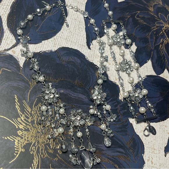 Estate WHBM Silver Crystal Flower and Faux Pearl Necklace and Bracelet Set - Picture 1 of 16